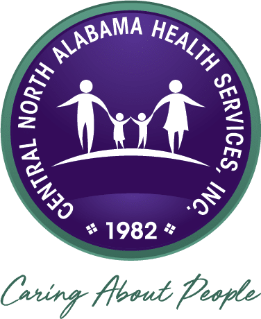 Purple circular logo with people holding hands inside circle and text saying caring about people under circle.